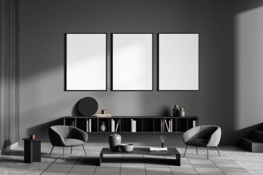 İki koltuklu, dekoratif raflı, gri beton zeminde halısı olan karanlık, rahat bir oda. Kitaplı şık bir salon alanı. Boş poster, 3 boyutlu görüntüleme