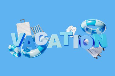 Tatil mektupları ve plaj aksesuarları. Tatil, tatil gezisi ve mavi arka plandaki eşyalar. Rahatlama ve rahatlama kavramı. 3B görüntüleme