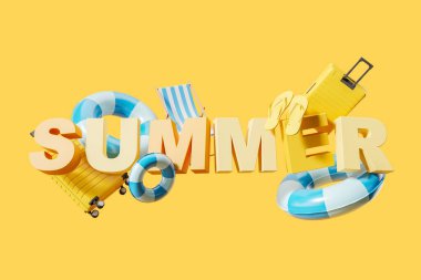 Yaz mektupları ve plaj aksesuarları. Tatil, tatil gezisi ve sarı arka plandaki eşyalar. Rahatlama ve dinlenme kavramı. 3B görüntüleme