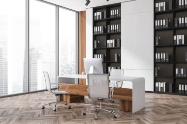 Çalışma masasında bilgisayar, yan görüş, ahşap zeminde koltuklar. İş dosyalarının olduğu raflar. Singapur şehir manzarasında panoramik pencere. 3B görüntüleme