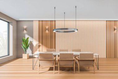 Toplantı odasının içinde koltuklar ve parke zeminde masa, köşede lamba ve bitki var. Kırsal kesimde panoramik pencere. 3B görüntüleme