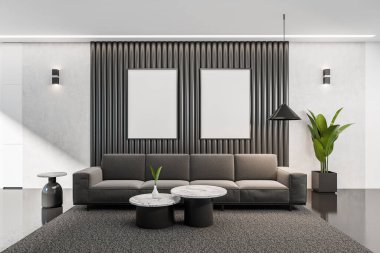 Siyah ve beyaz oturma odasının içinde kanepe ve kahve masası, koyu beton zeminde halı. Sakin ol ve sırada iki tane poster var. 3B görüntüleme