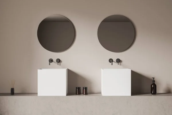 Beige Bathroom Interior Double Sink Two Mirror Concrete Deck Bathing — Stock Photo, Image
