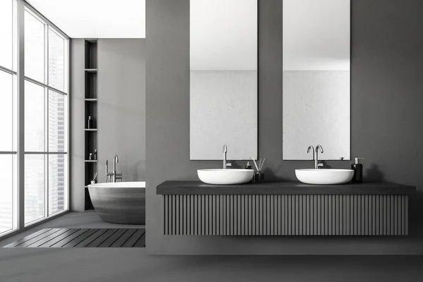 Intérieur Salle Bain Sombre Avec Double Lavabo Miroir Sol Béton — Photo