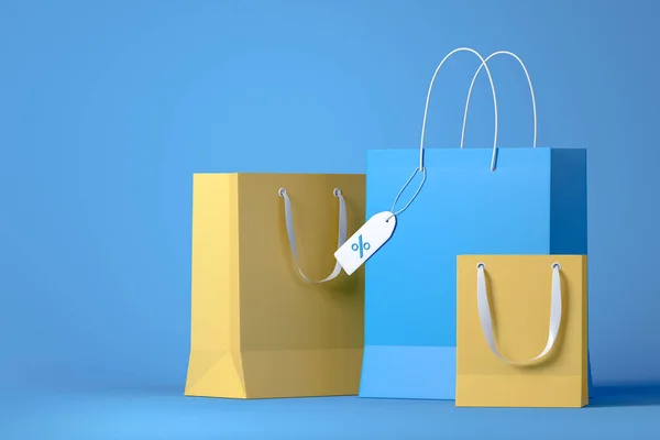 纸包装和折扣标签 价格好 底色浅蓝色 特价的概念 购物袋和网上订购 3D渲染 — 图库照片