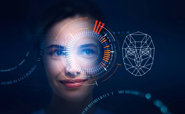 Smiling beautiful woman portrait and biometric verification with face detection, digital hologram with scanner. Concept of face id and artificial intelligence