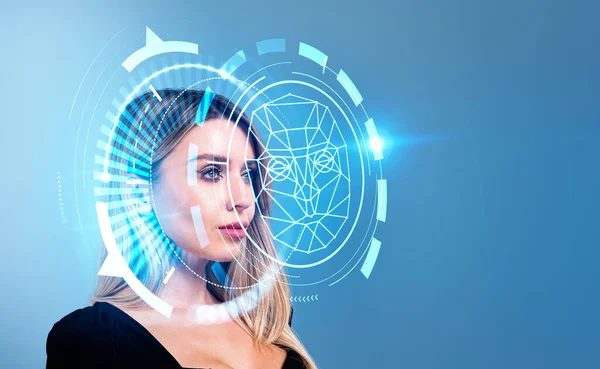 Businesswoman portrait and digital biometric scanning. Face detection and recognition. Concept of face id and machine learning.