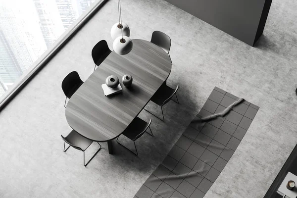Top View Dark Dining Interior Table Chairs Carpet Grey Concrete — Stock Photo, Image