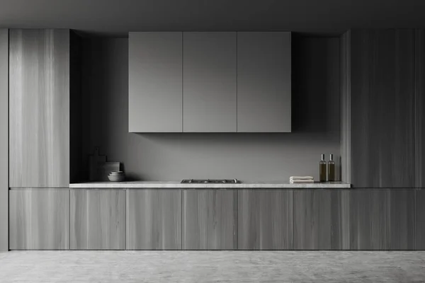ストーブと棚とダークキッチンのインテリア 食器洗い機 フロントビュー付きの食器棚 黒い木製のキャビネット灰色のコンクリートの床 3Dレンダリング — ストック写真
