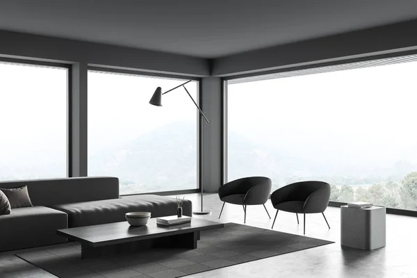 Dunkles Wohnzimmer Mit Zwei Sesseln Seitenblick Sofa Und Couchtisch Mit — Stockfoto