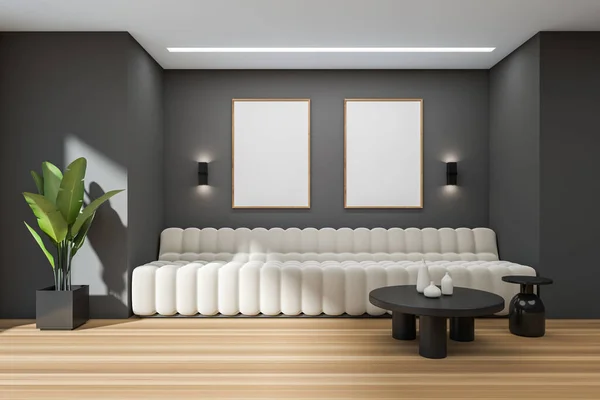 Interior Oscuro Salón Relax Con Sofá Mesa Centro Planta Suelo — Foto de Stock