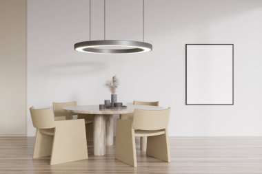 Parlak yemek odasının önü boş beyaz poster, yemek masası, koltuklar, beyaz duvar ve meşe ağacından zemin. Minimalist tasarım kavramı. Model yap. 3d oluşturma
