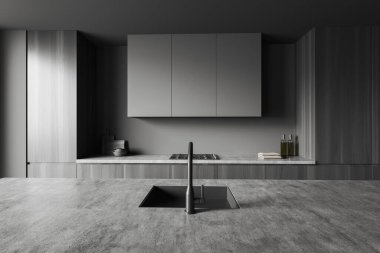 Karanlık mutfak odasının önü. Dolap, gaz ocağı, gri duvar, lavabo, havlu, tabak, yağ. Reklam için iyi bir yer. Minimalist tasarım kavramı. 3d oluşturma