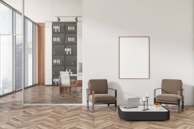 Parlak ofis içi, içi boş beyaz poster, Singapur manzaralı panoramik pencereler, koltuklar, dizüstü bilgisayar ve ahşap zemin. Çalışma sürecinin konsepti. Model yap. 3d oluşturma