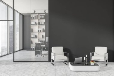 Karanlık ofis içi içi boş gri duvar, Singapur manzaralı panoramik pencereler, koltuklar, dizüstü bilgisayar ve ahşap zemin. Çalışma sürecinin konsepti. 3d oluşturma