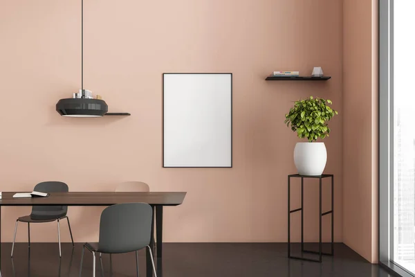 Front view on pink office room interior with empty white poster, panoramic window, table with chairs, shelf with books and crockery and concrete floor. Concept of place for work. Mock up. 3d rendering