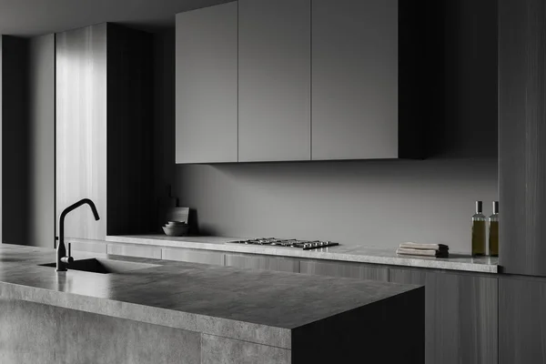 Eckenblick Auf Dunkle Kücheneinrichtung Mit Schrank Gasherd Graue Wand Spüle — Stockfoto