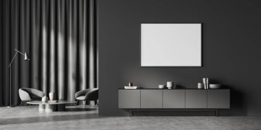 Dairenin içi karanlık, iki koltuk ve kahve masası girişten önce sanat süslemeli bir şifonyer, gri beton zemin. Boş bir poster hazırla. 3B görüntüleme