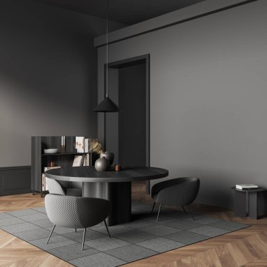Karanlık oturma odasının içinde koltuklar ve siyah ahşap masa, sanat dekorasyonlu raf, ahşap zeminde halı. Model kopyalama alanı gri duvar, 3B görüntüleme