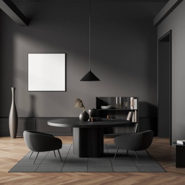 Dairenin içindeki karanlık salon, koltuk ve yemek masası, sanat dekorasyonlu raf, ahşap döşemeli halı. Boş bir poster hazırla. 3B görüntüleme