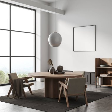 Koltuk ve yuvarlak masa, yan görüş, sanat dekorasyonlu raf, gri beton zemin. Kırsal kesimde panoramik pencere. Posteri düzenle. 3B görüntüleme