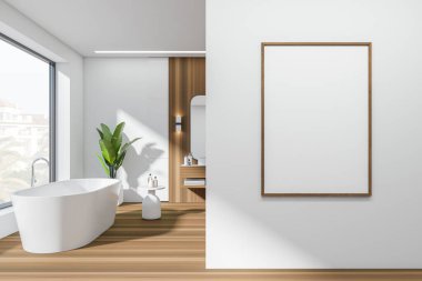 Küvetli ve lavabolu beyaz banyo, aksesuarlı güverte, ahşap zemine bitki. Kırsal alanda panoramik pencere. Tuvalin posterini hazırla. 3B görüntüleme