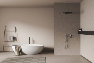 Banyonun içinde küvet, duş ve havlu merdiveni, halı ve beton döşeme var. Otel dairesinde çamaşır köşesi. 3B görüntüleme