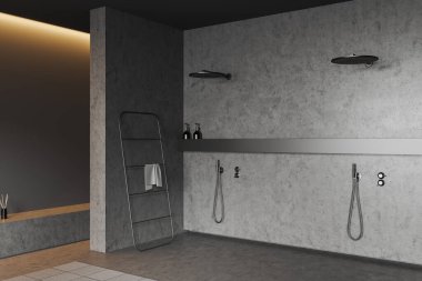 Çift katlı banyo ve güverte, aksesuarlar, havlu merdiveni, gri beton zeminde halı. Otel stüdyosunun köşesinde. 3B görüntüleme