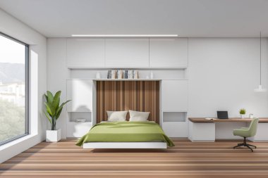 Beyaz yatak odasının içi parke döşemeli, raflar kitaplarla ve bitkilerle dolu. Masasında dizüstü bilgisayarı ve koltuğu olan bir iş yeri. Kırsal alanda panoramik pencere. 3B görüntüleme