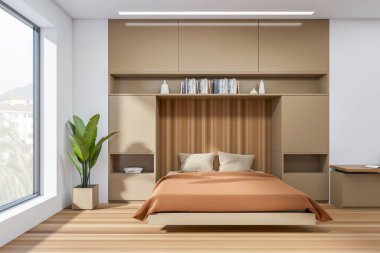 Şık bir yatak odası, yatak odası, kitaplar ve bitkiler, ahşap döşemeler. Kırsal alanda panoramik pencere. 3B görüntüleme