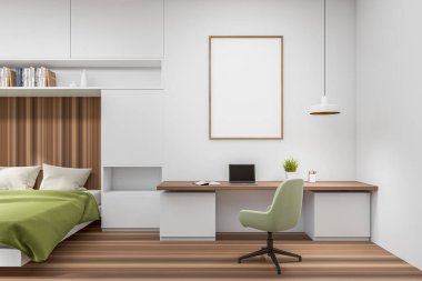 Masasında dizüstü bilgisayarı, koltuğunda koltuğu, parke zemininde yatağı olan beyaz yatak odası. Süslü ve kitaplı raflar. Tablo posteri, 3 boyutlu görüntüleme