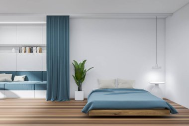 Mavi yatak odasının önü yatak odası, kanepe, yatağın yanı, kitaplarla dolu raf, ev bitkisi ve meşe ağacından zemin. Minimalist tasarım kavramı. Yaratıcı fikir için yer var. 3d oluşturma
