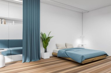 Mavi yatak odasının iç manzarası yatak, kanepe, yatağın yanı, kitaplarla dolu raf, ev bitkisi ve meşe ağacı ahşap zemin. Minimalist tasarım kavramı. Yaratıcı fikir için yer var. 3d oluşturma