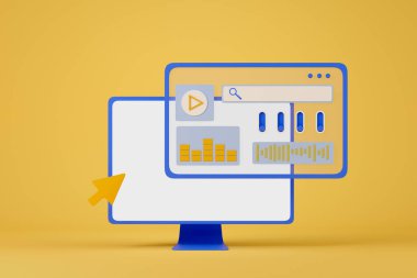 Bilgisayarın boş görüntüsü, sarı arkaplanda elementleri olan web sayfası. Çalışma alanı kavramı. Uzay ekranını kopyala. 3B görüntüleme