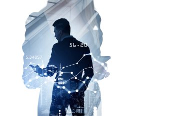 Businessman and businesswoman working together, using mobile app for communication. Double exposure of stock market chart with lines and numbers. Concept of teamwork. Copy space