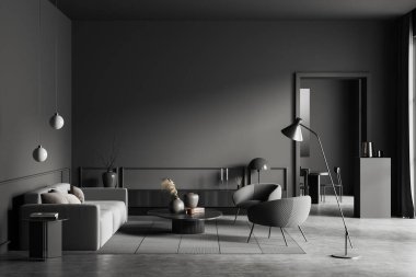 Oturma odasının içi kanepe ve koltuklarla dolu, rafta sanat dekorasyonu, sehpa ve gri beton zemin üzerinde halı var. Model kopyalama alanı gri duvar, 3B görüntüleme