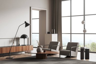 İçi bej renkli şezlong, iki koltuk, yan görüş, sehpa ve ahşap döşeli ahşap şifonyer. Kırsal kesimde panoramik pencere. 3B görüntüleme