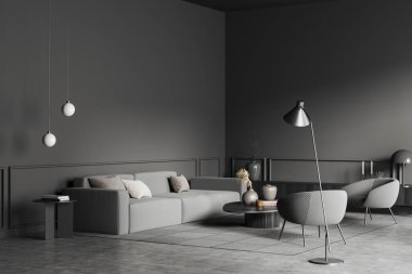 Oturma odasının içinde kanepe ve koltuklar, yan görüş, sanat dekorasyonlu şifonyer. Kahve masası ve gri beton zeminde halı. Model kopyalama alanı gri duvar, 3B görüntüleme