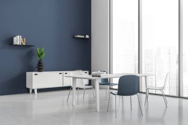 Mavi iç mekan, sandalyeler ve gri beton zemin üzerinde masa, yan manzara. Giysiler ve kitaplarla dolu raflar, sanat süslemeleri. Şehir manzarasında panoramik pencere. 3B görüntüleme