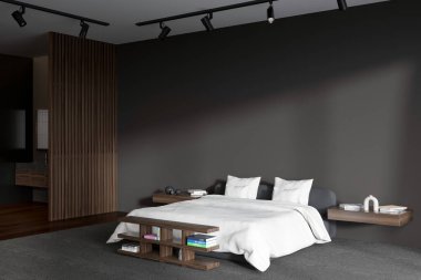 Karanlık yatak odasının içinde halı, lavabo ve ayna, yan görüş. Model kopyalama alanı boş gri duvar. 3B görüntüleme