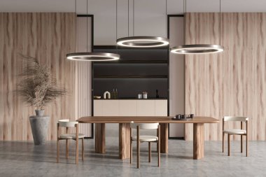 İçinde sandalyeler ve ahşap yemek masası olan açık mutfak, kapıların arkasında mutfak alanı, gri beton zemin. Vazoda kurumuş çiçek, büyük lambalar. 3B görüntüleme