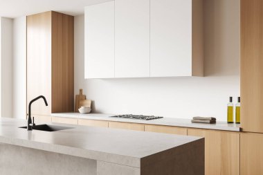 Parlak mutfak odasının iç tarafında dolap, gaz ocağı, beyaz duvar, lavabo, havlular, tabaklar, yağ, fırın. Minimalist tasarım kavramı. 3d oluşturma