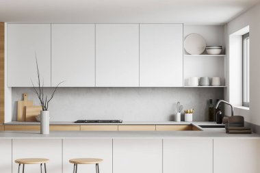 Beyaz mutfak içinde iki bar sandalyesi ve tezgahı var. Raflarda aletler, dekorasyon. Pencereli şık yemek pişirme alanı. 3B görüntüleme