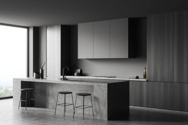 Bar sandalyeleri ve tezgahı olan koyu yemek pişirme, yan görüş, gri beton zemin. Dolap ve mutfak gereçleri rafta. Kırsal kesimde panoramik pencereli modern mutfak. 3B görüntüleme