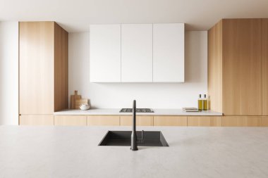 Parlak mutfak odasının önü. Dolap, gaz ocağı, beyaz duvar, lavabo, havlular, tabaklar, yağ. Reklam için iyi bir yer. Minimalist tasarım kavramı. 3d oluşturma