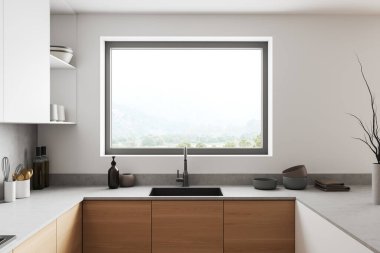 İçerisi lavabo ve aletlerle dolu. Kırsal alanda panoramik pencere, güvertede mutfak gereçleri. Modern apartmanda yemek pişirme alanı, 3D görüntüleme