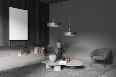 Karanlık oturma odasının iç tarafında boş beyaz poster, sehpa, koltuklar, gri duvar, kitaplarla dolu raf ve beton zemin. Minimalist tasarım kavramı. Model yap. 3d oluşturma