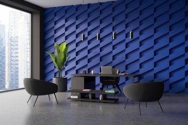 Karanlık ofis içi manzaralı, panoramik pencereli, Singapur manzaralı, dizüstü bilgisayarlı, kitaplı, koltuklu ve beton zeminli bir masa. Çalışma sürecinin konsepti. 3d oluşturma