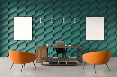 Parlak ofis içi ön manzara iki boş beyaz poster, dizüstü bilgisayarlı masa, kitaplar, yeşil duvar, koltuklar ve beton zemin. Çalışma sürecinin konsepti. Model yap. 3d oluşturma