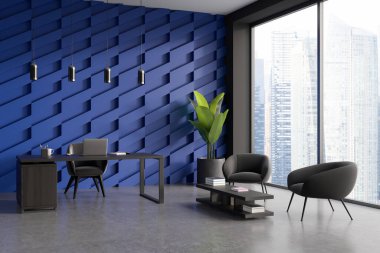 Masasında dizüstü bilgisayarı, yan görüşü, gri beton zeminde koltukları olan mavi danışma odası. Kitaplı kahve masası ve bitki. Singapur şehir manzarasında panoramik pencere. 3B görüntüleme